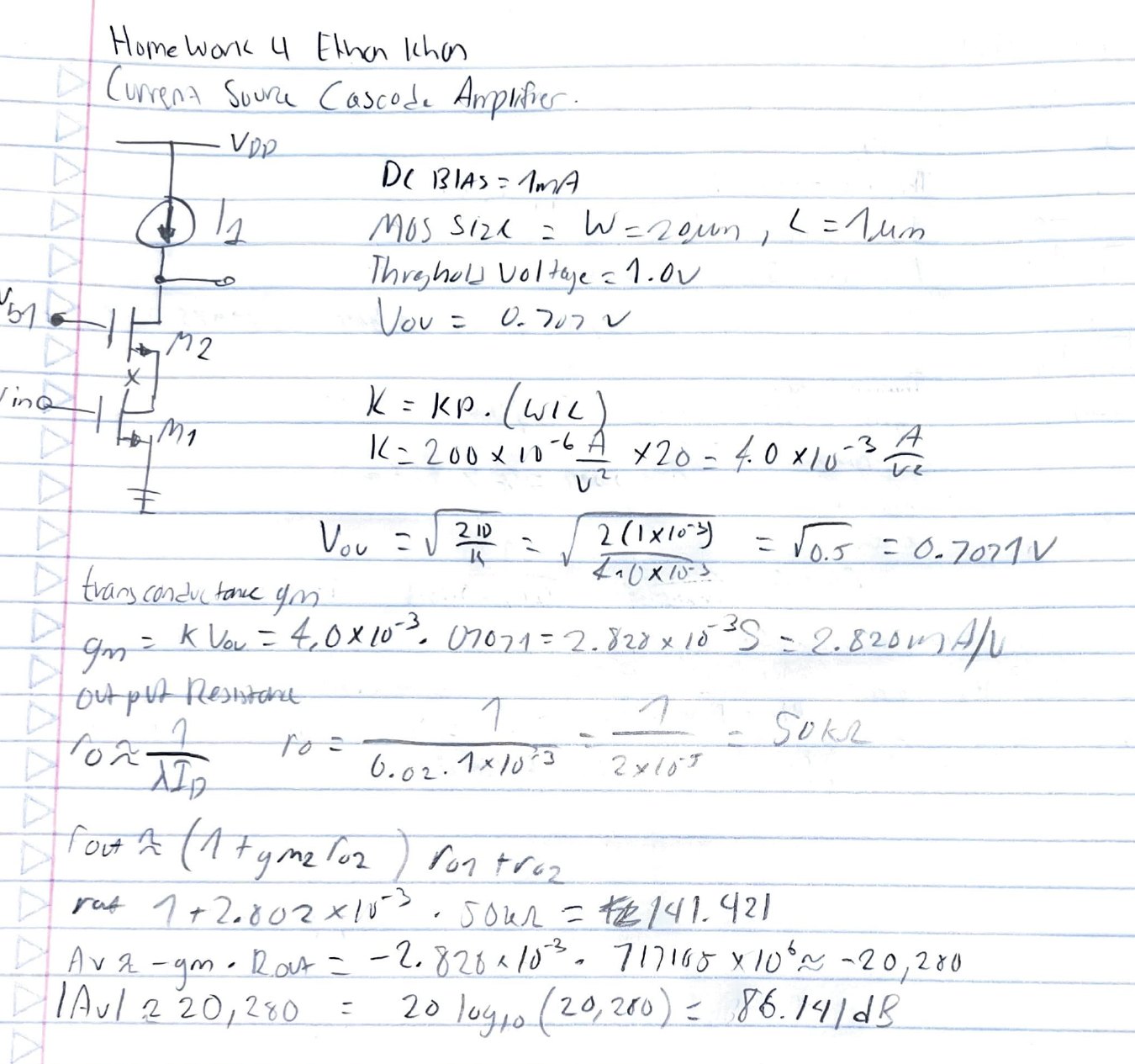 Handwritten derivation for the cascode amplifier: device sizing, K from KP times W over L, overdrive voltage, transconductance, output resistance per device, total output resistance, and the resulting voltage gain in decibels